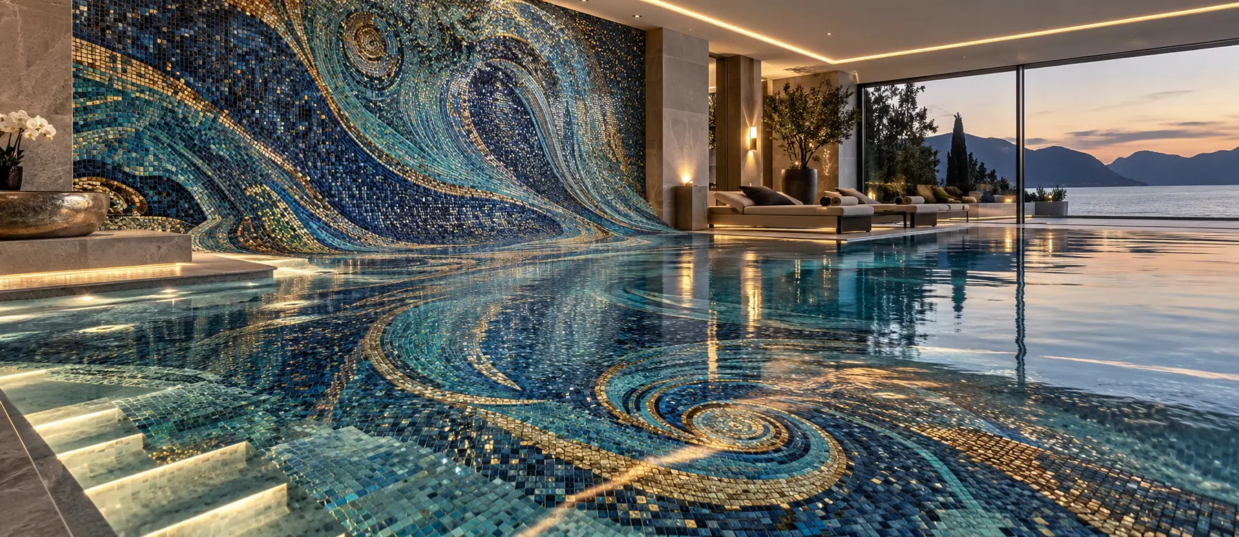 Bespoke luxury mosaic flowing from wall into swimming pool