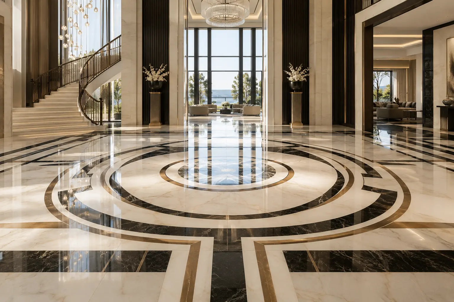 Luxury marble foyer with geometric floor medallion