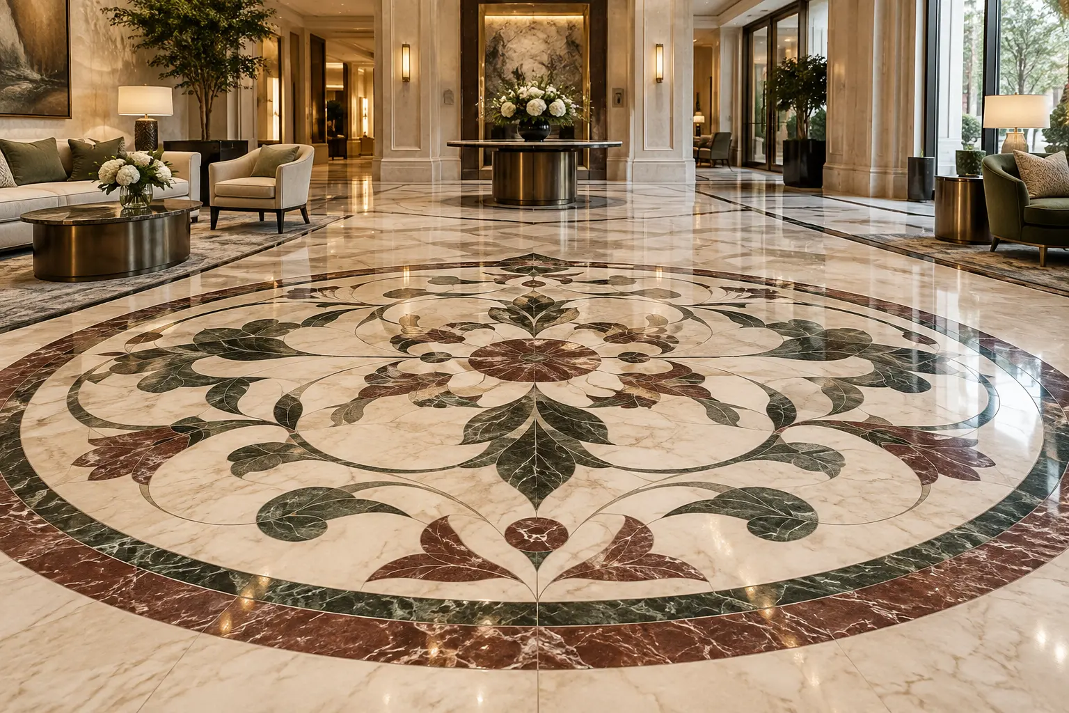 Floral marble medallion in a luxury lobby