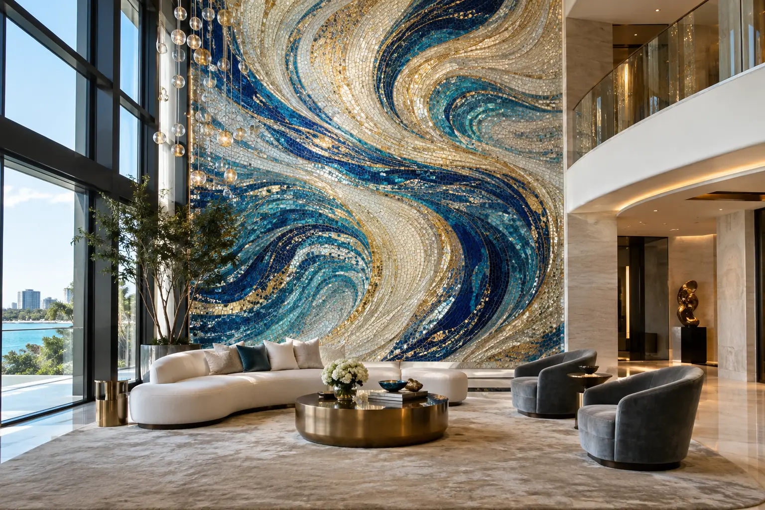 Abstract blue and gold luxury mosaic feature wall