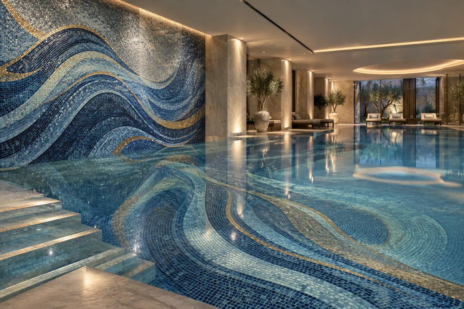 Luxury mosaic flowing from wall into swimming pool