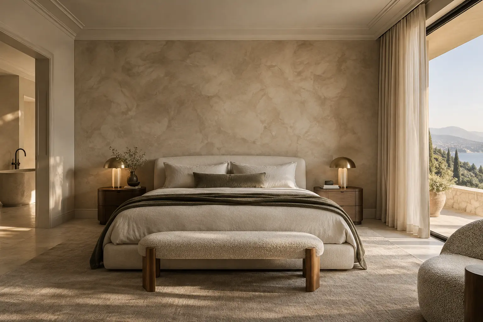 Warm limewash bedroom feature wall