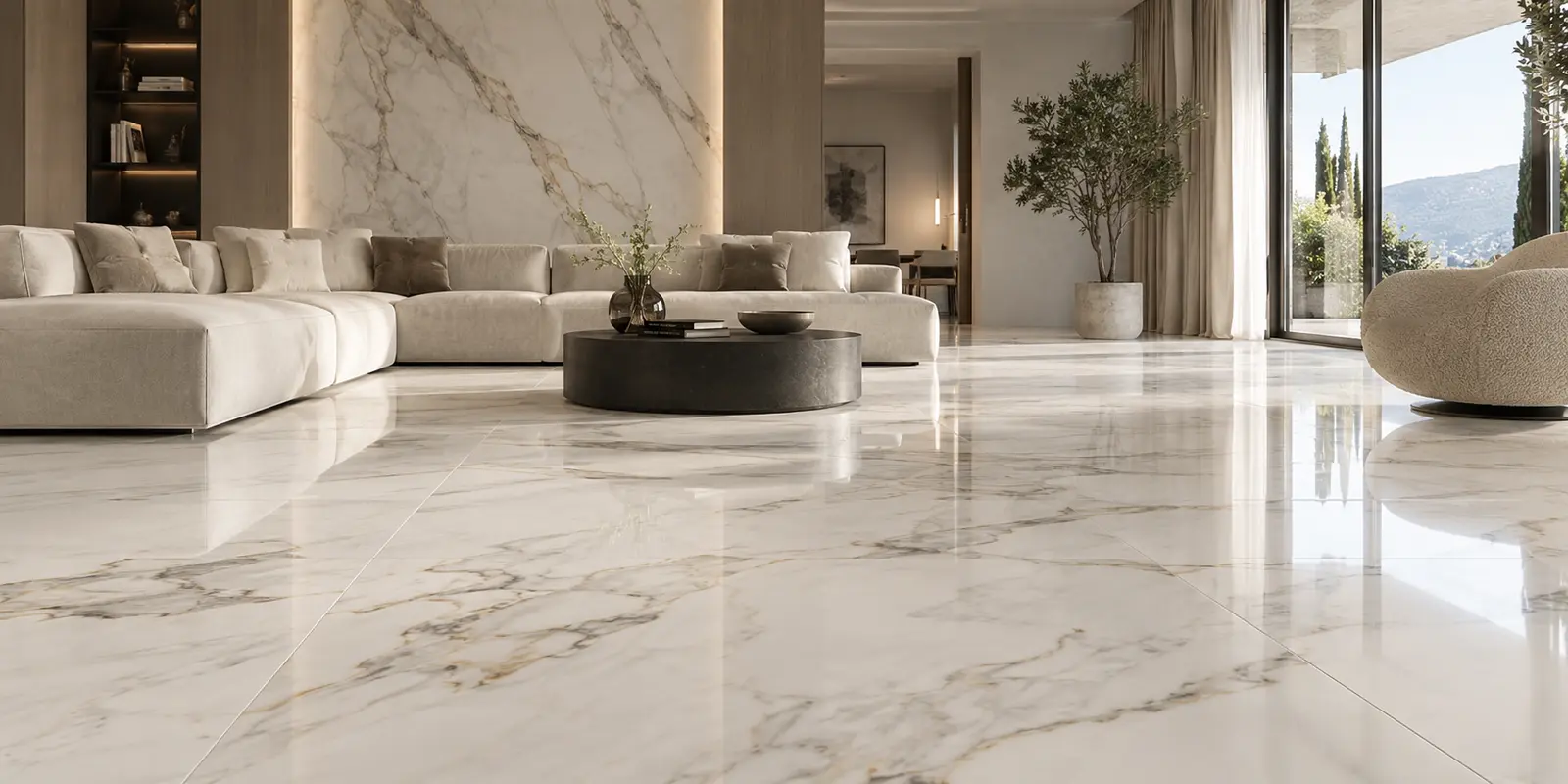 Calacatta-effect large-format porcelain floor