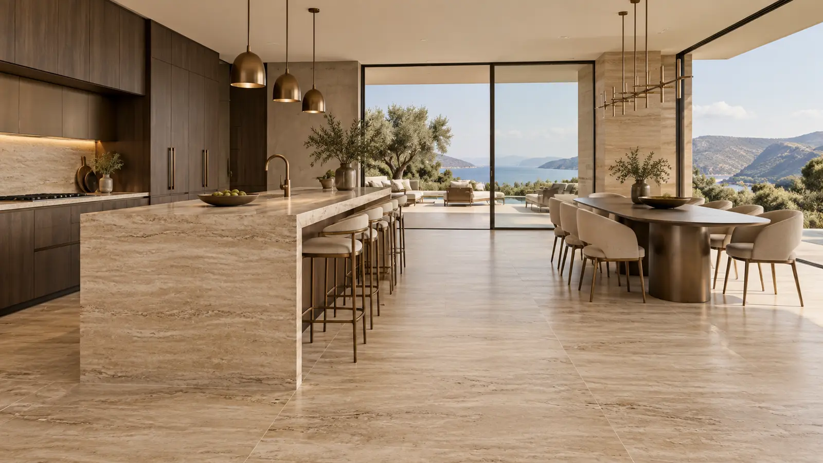 Travertine-effect porcelain kitchen floor