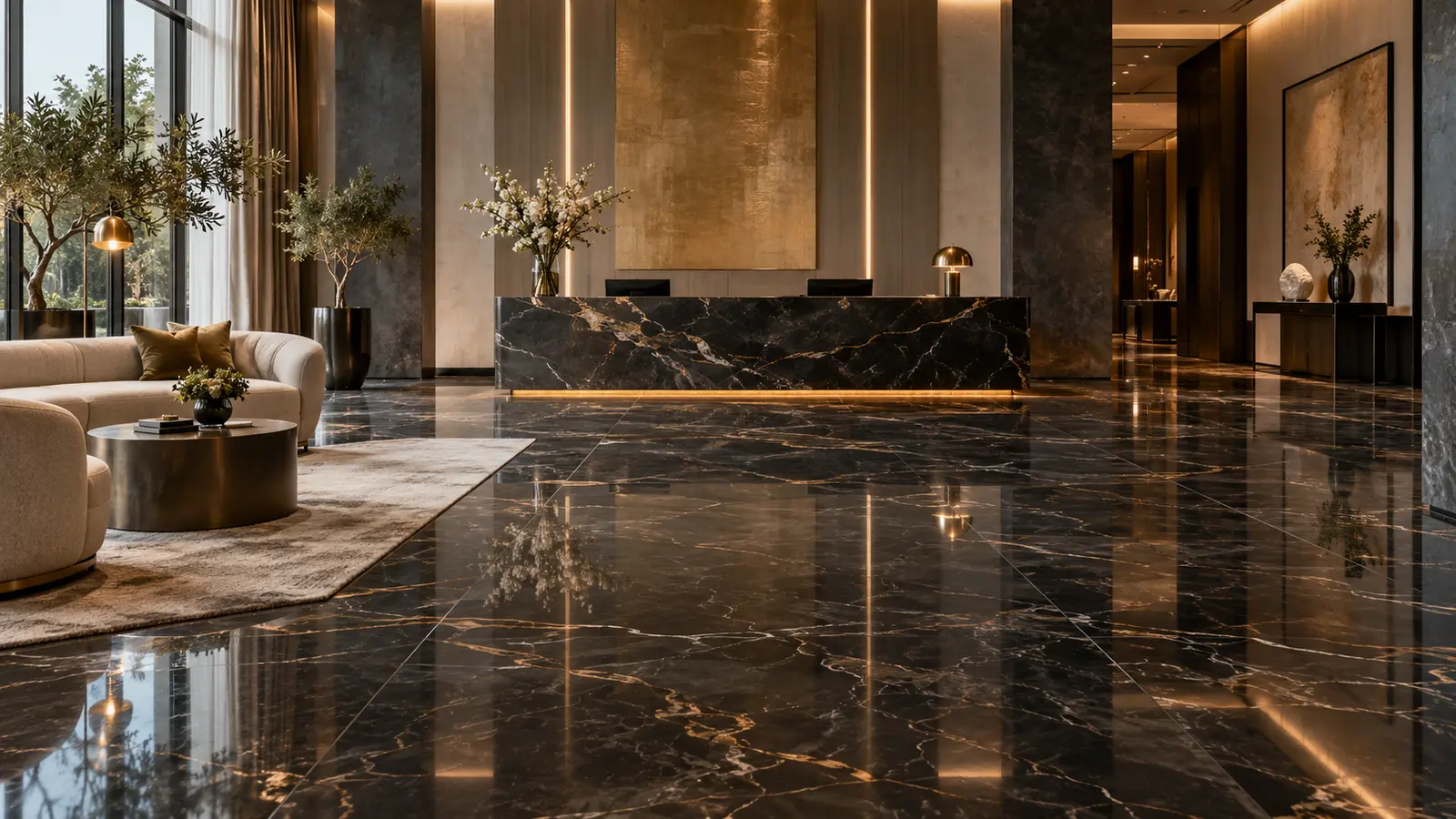 Dark marble-effect porcelain hotel lobby