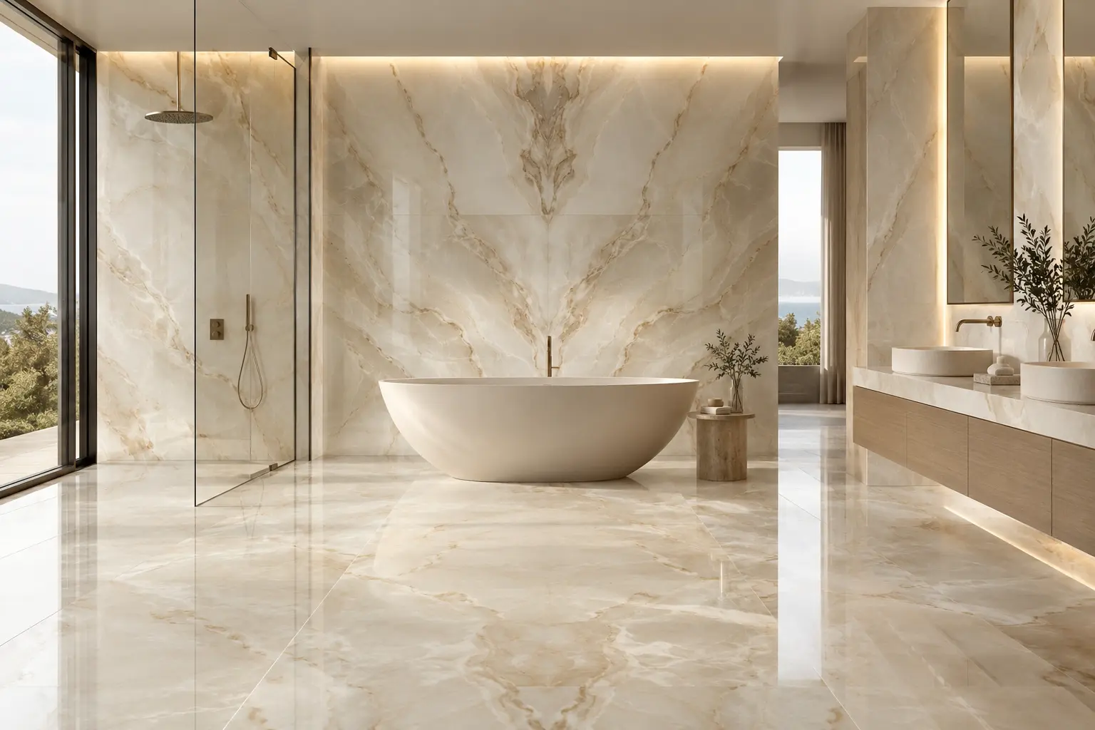 Onyx-effect porcelain bathroom